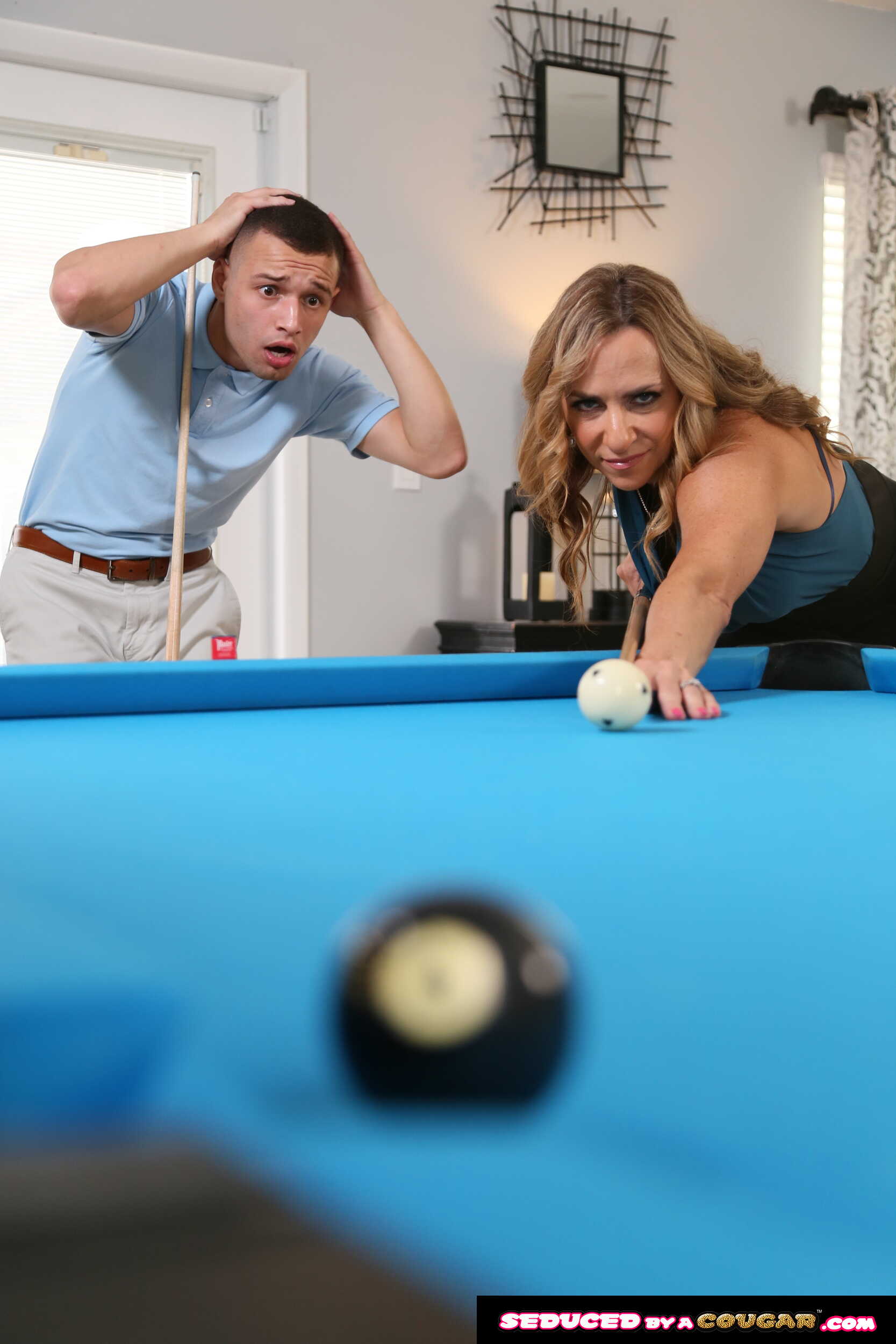 Hot blonde MILF Kenzi Foxx hustle's the pool table cleaner into fucking her wet pussy